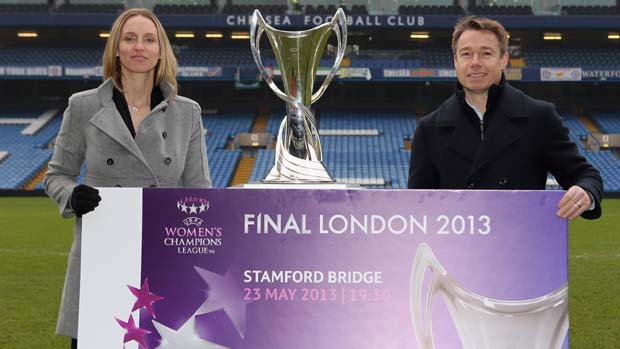 Faye White and Graeme Le Saux launch the 2013 UEFA Women's Champions League Final tickets at Stamford Bridge.